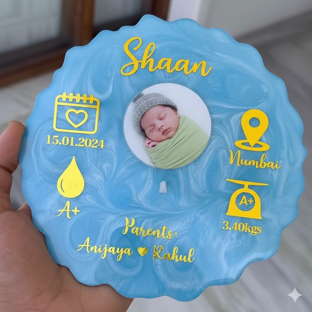 Resin Art Baby Birth Plaque with Name, Photo & Details