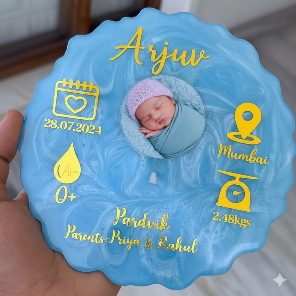 Resin Art Baby Birth Plaque with Name, Photo & Details