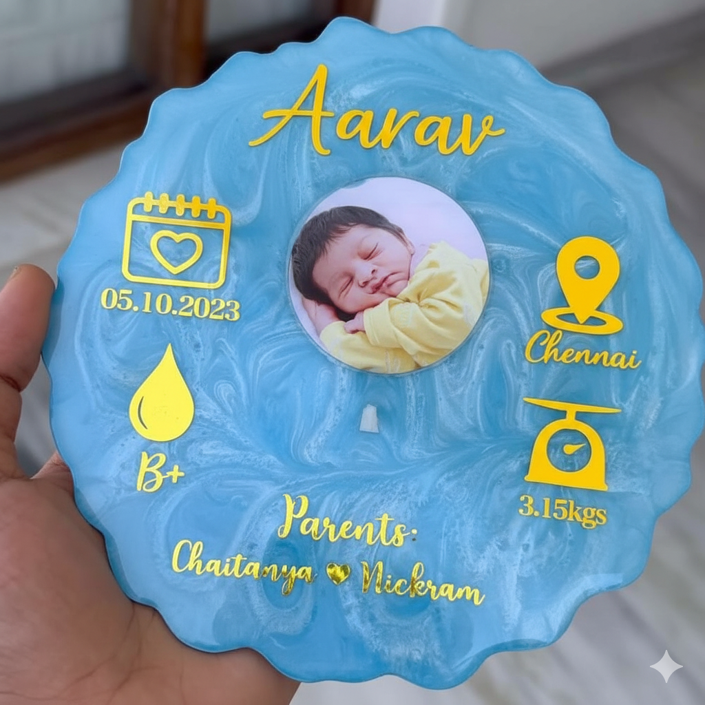 Resin Art Baby Birth Plaque with Name, Photo & Details